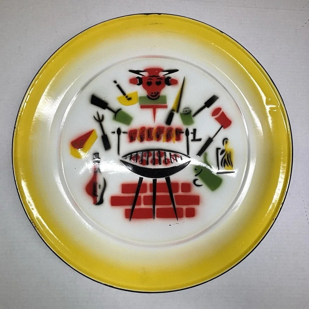 VTG MCM Enamelware Metal Grilling BBQ Serving Tray Bowl‎ Set Retro Atomic Tiki